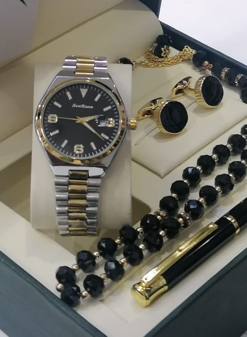 طقم رجالي من الستانلس ستيل مكون من ساعة وسبحة وقلم وازرار اكمام القمصان